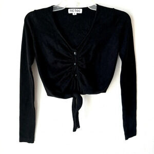 Tic Toc Black Cropped Tie Front Cardigan Sweater Size Small Black Whimsigoth